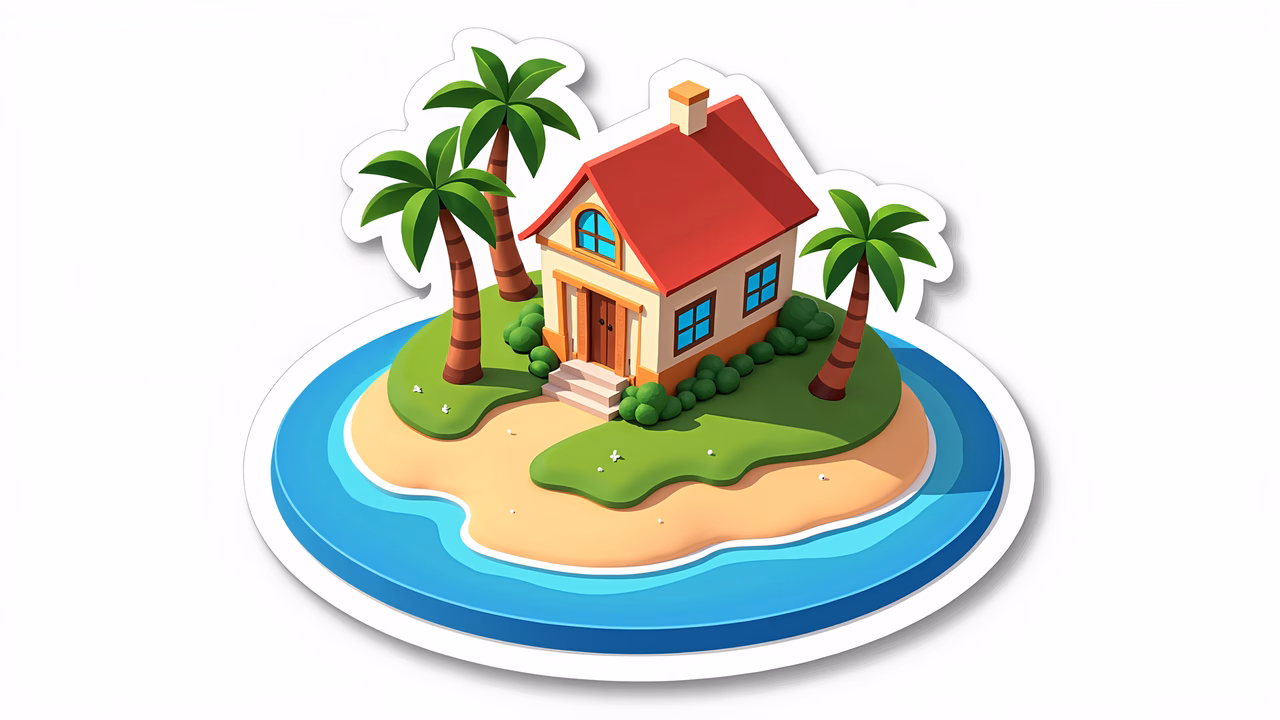 A serene island retreat with a red-roofed house surrounded by palm trees and lush greenery.