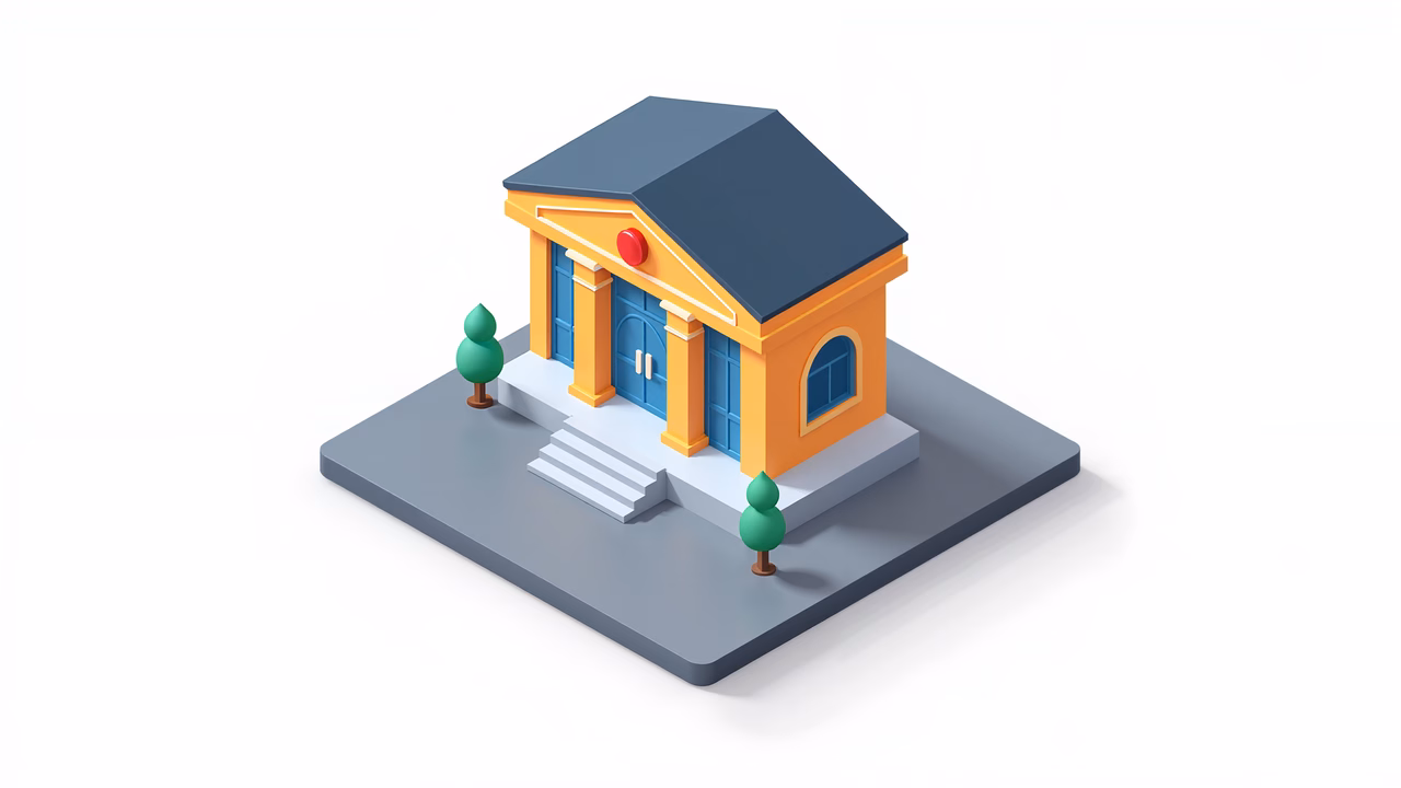 A colorful, isometric illustration of a building with a flat roof and vibrant details.