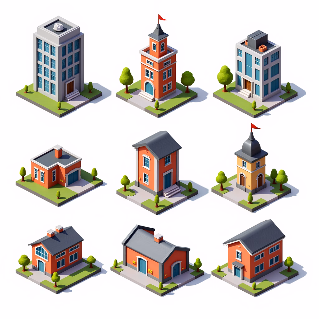 Vibrant isometric buildings with diverse architectural designs and colors.