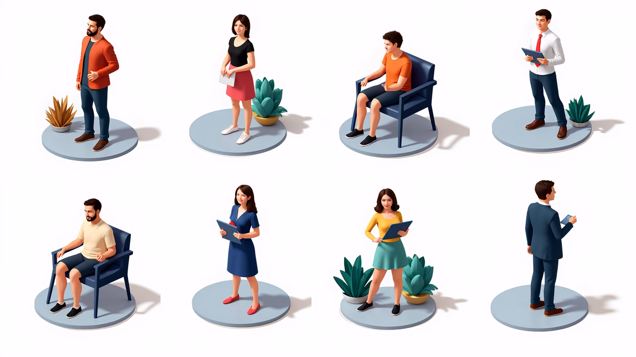 Isometric characters in a professional setting with minimalistic design and vibrant colors.
