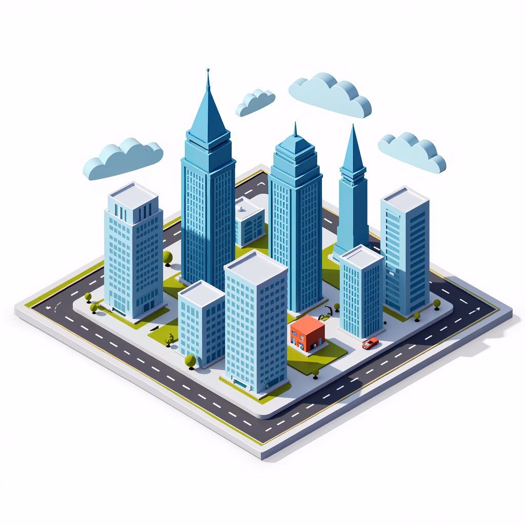 A colorful isometric cityscape featuring modern architecture and a calm sky.