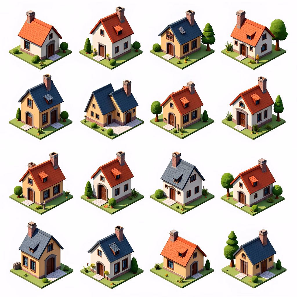 Collection of isometric houses with varied roof colors and designs, showcasing symmetry and uniformity.
