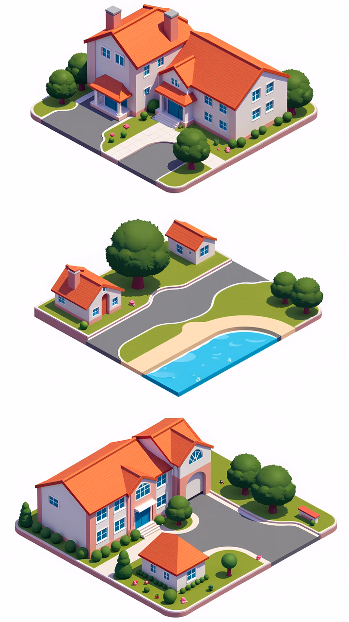 Brightly colored isometric houses with lush green surroundings in a modern suburban setting.