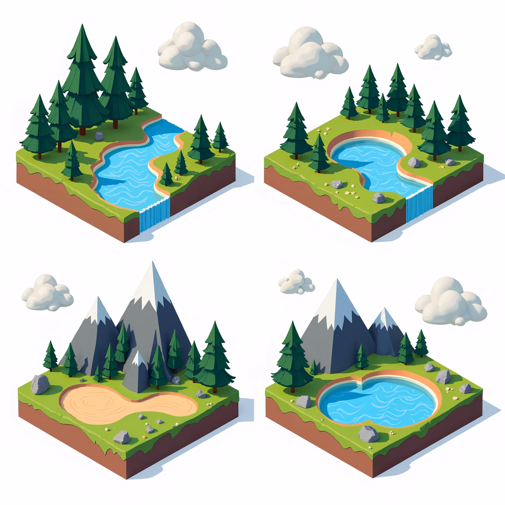 Isometric landscape with river, trees, and mountains in soft pastels.