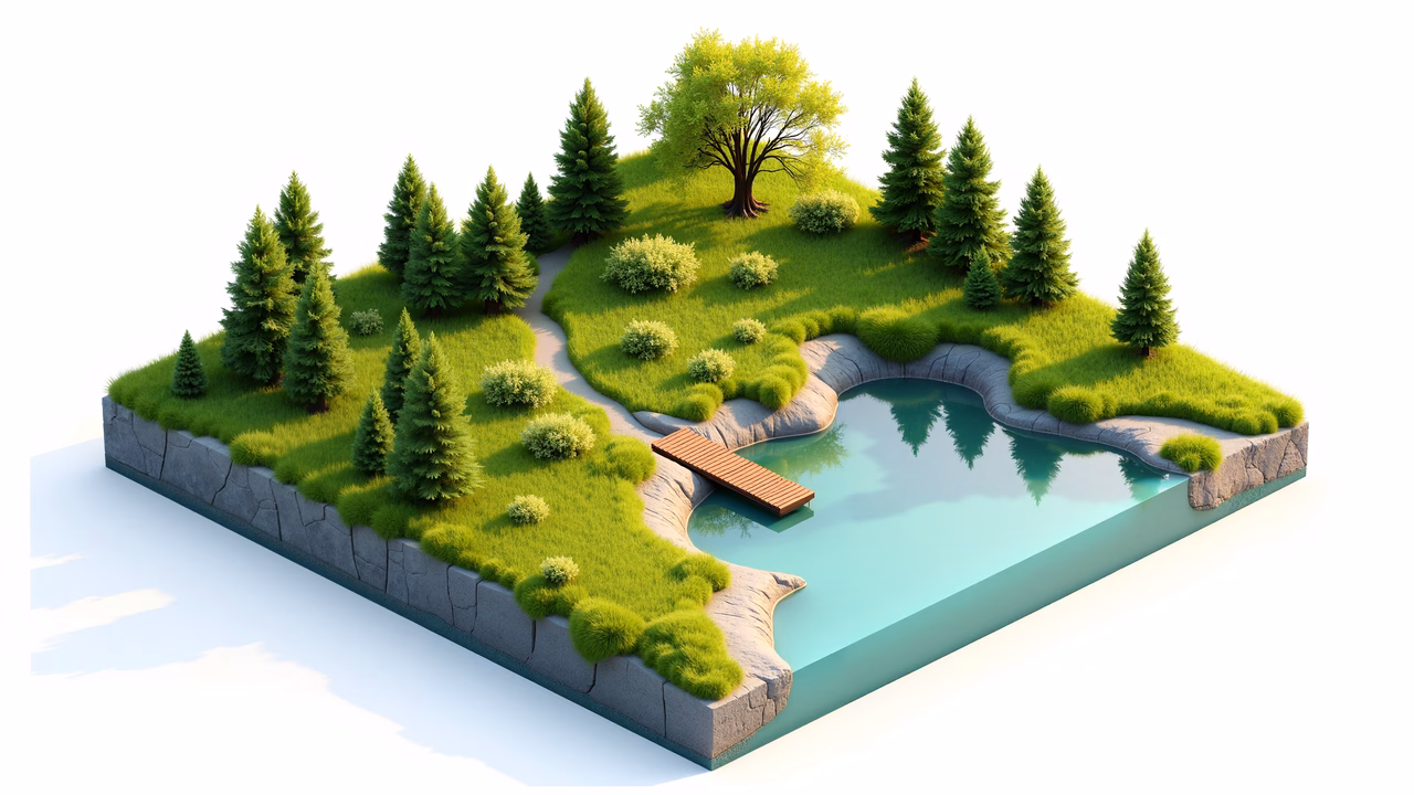 A peaceful isometric landscape with pine trees and a pond.