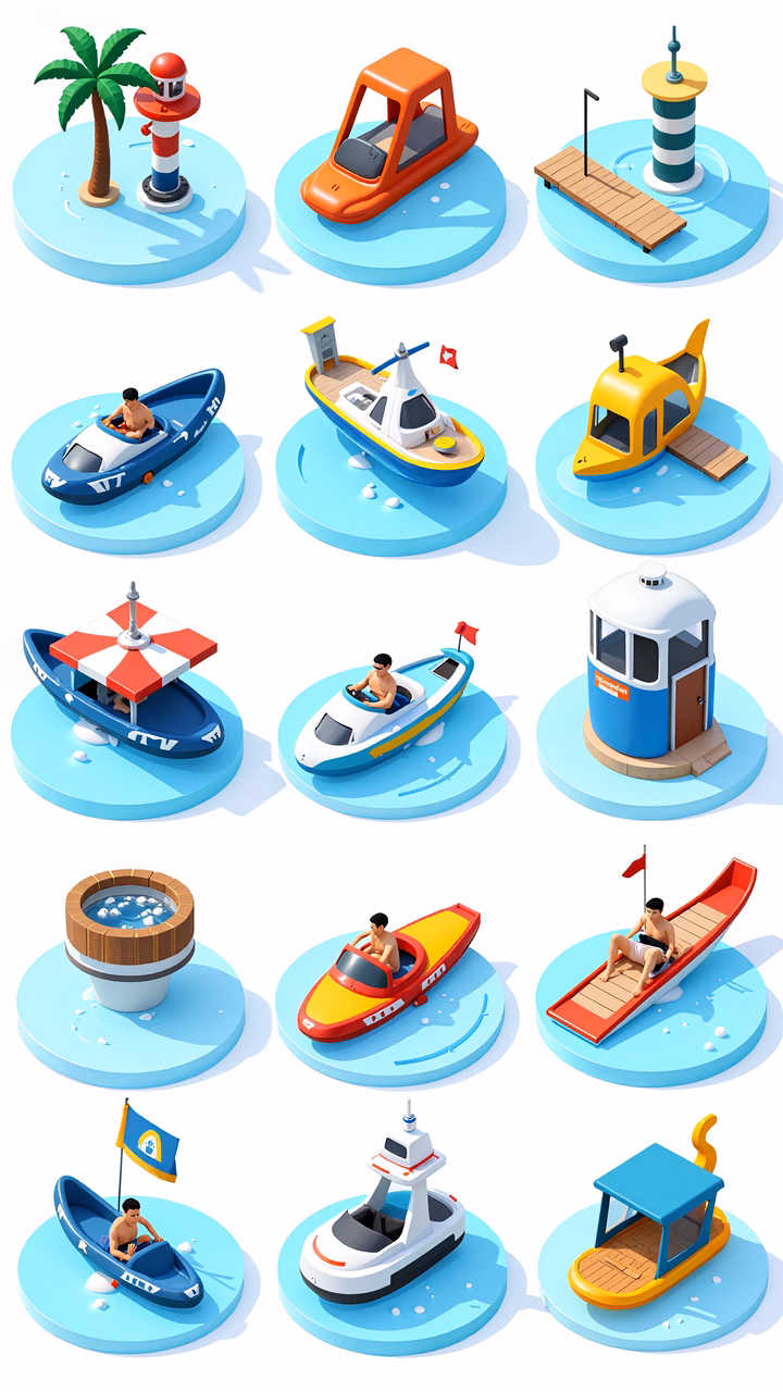 Brightly colored isometric nautical icons for marine design projects.