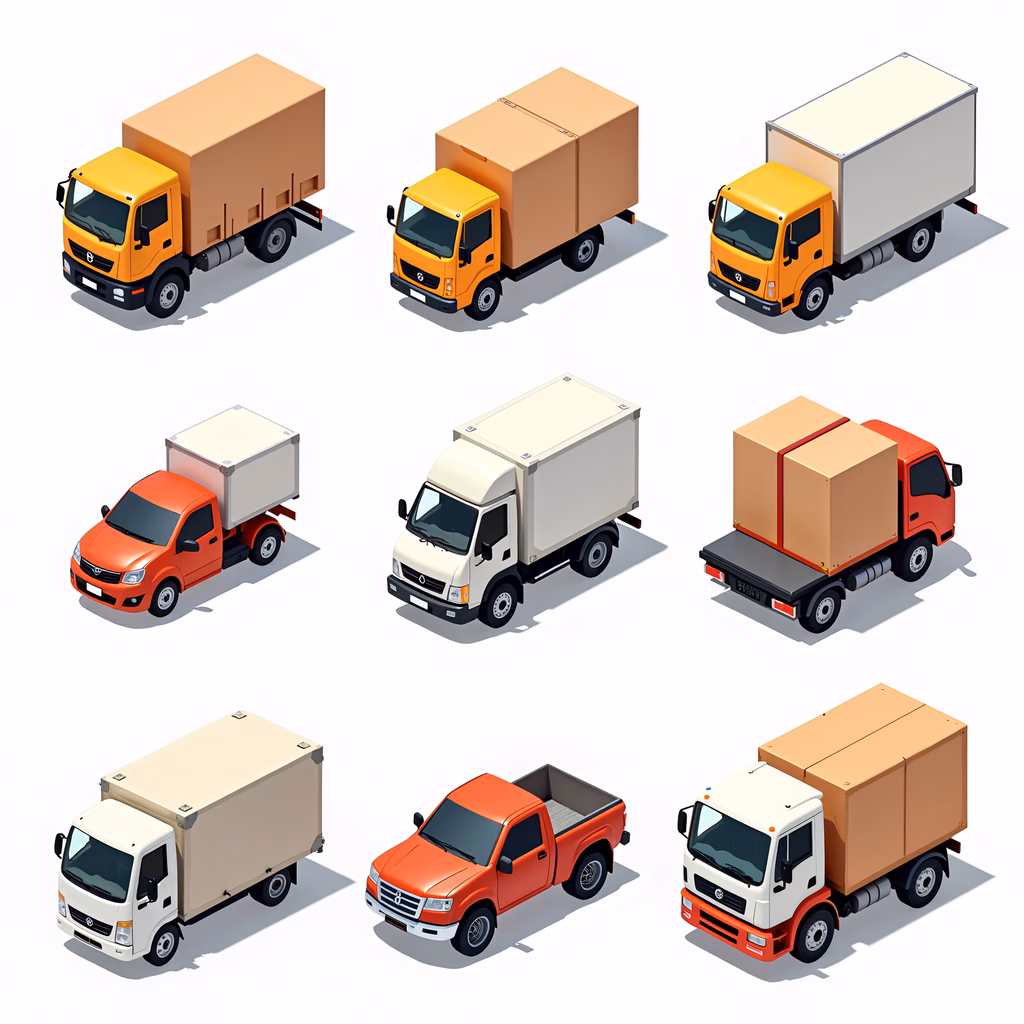 Collection of colorful isometric trucks on a white background.