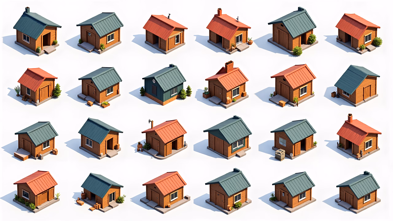 Collection of isometric wooden cabins with varied roof colors and designs.