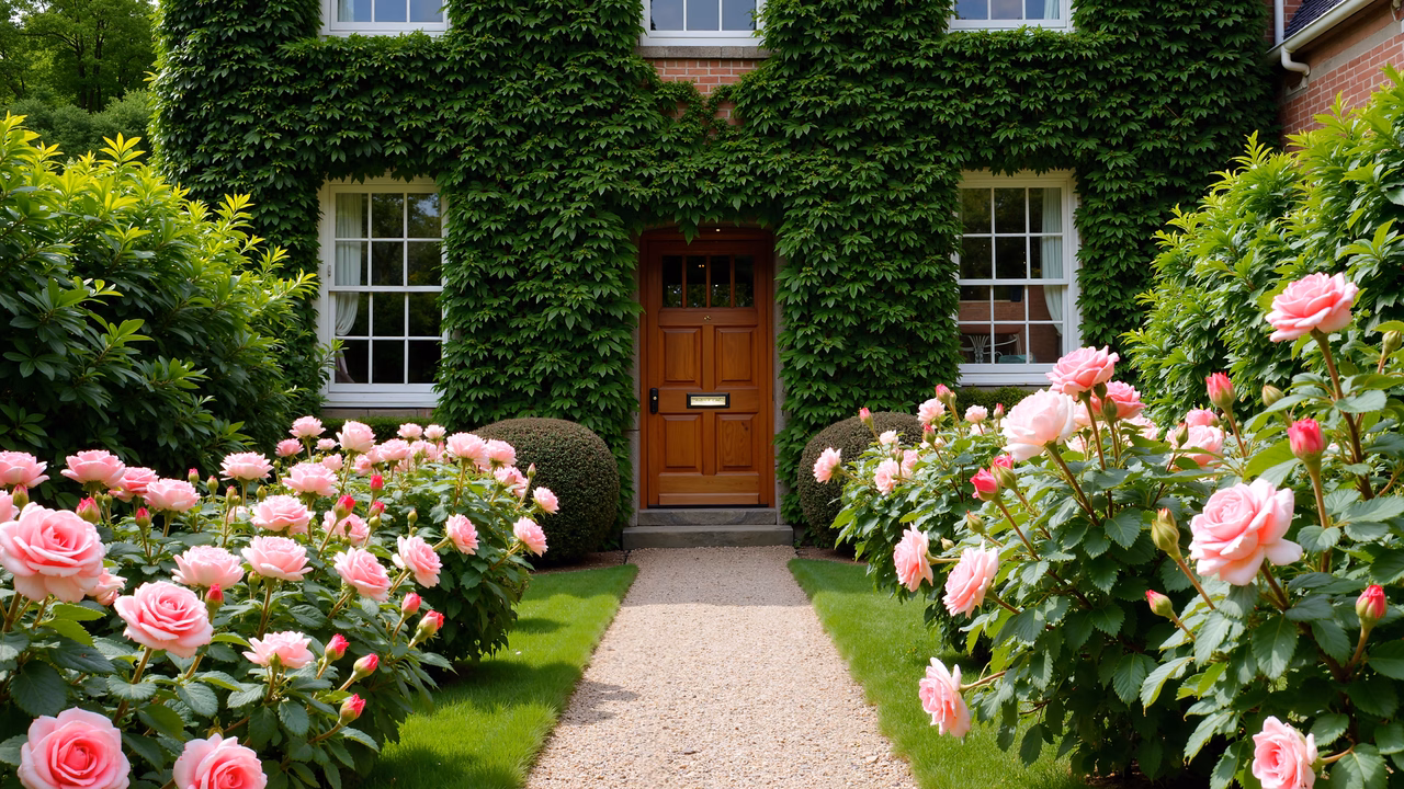 A peaceful ivy-covered cottage with vibrant roses lining the path.