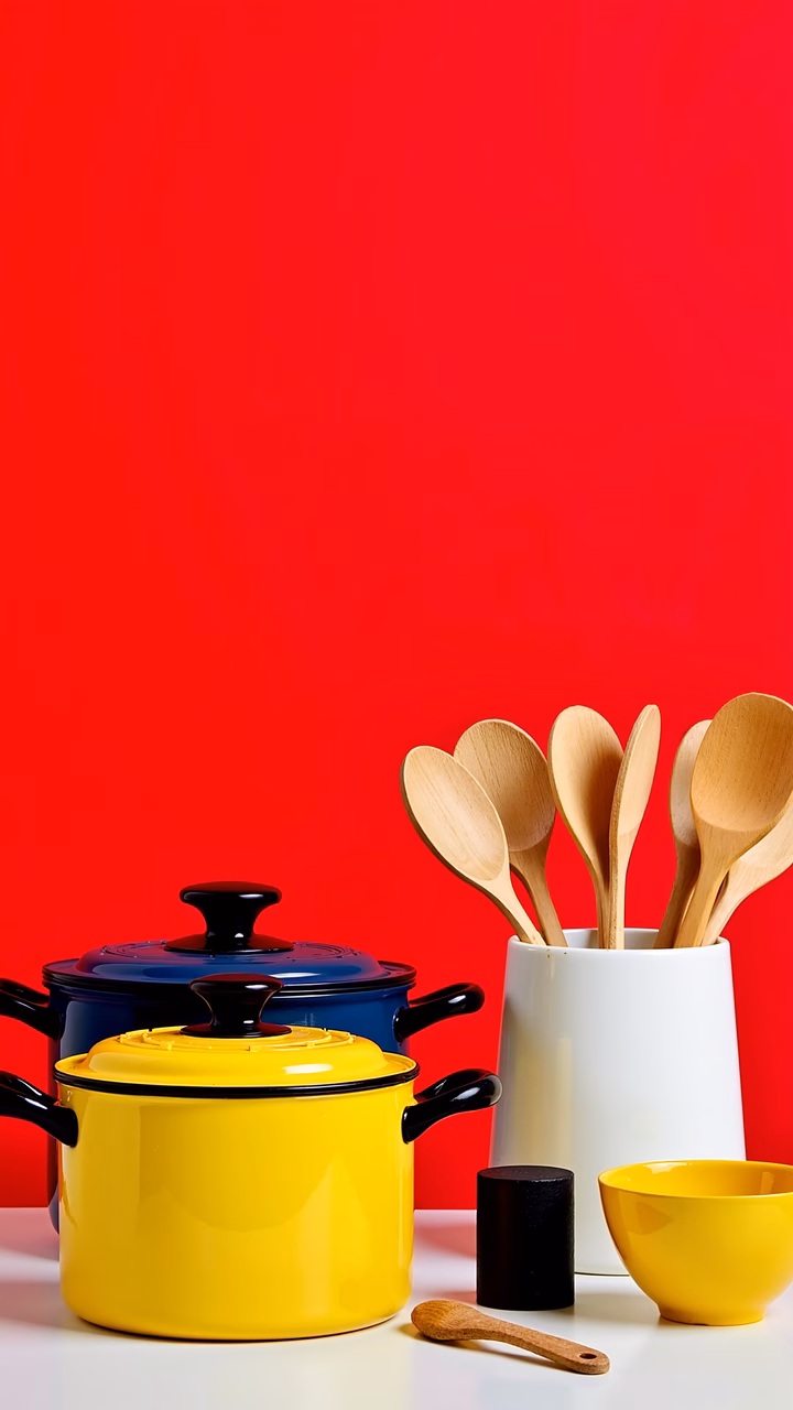 Bright kitchen essentials against a striking red background.