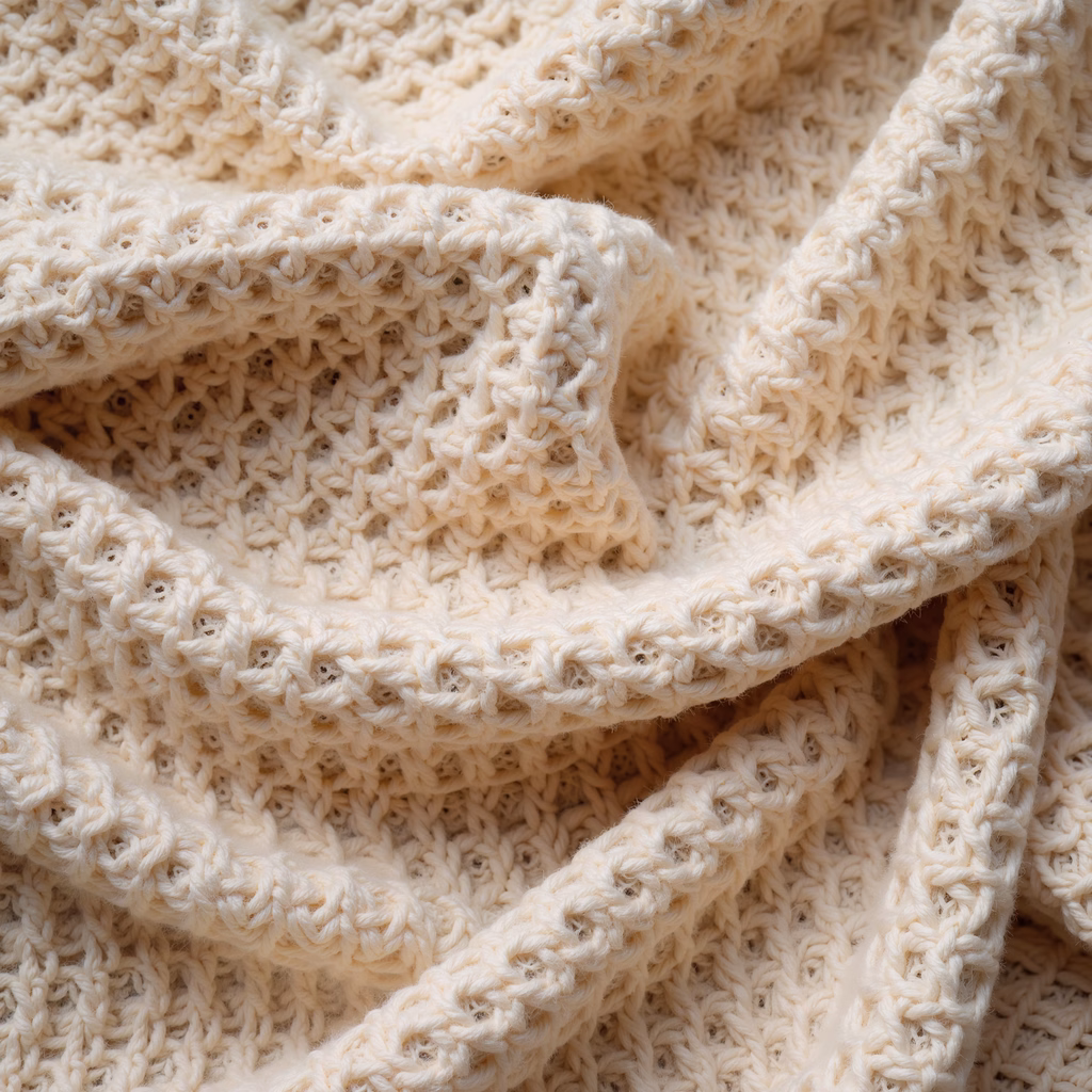 Close-up of a knitted blanket with intricate patterns and warm beige tones.