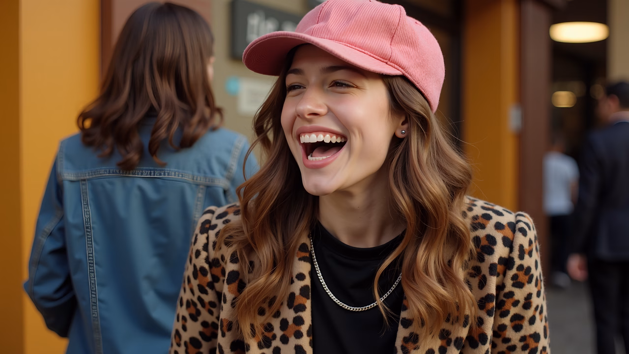 Brightly lit candid moment of laughter in a casual urban setting.
