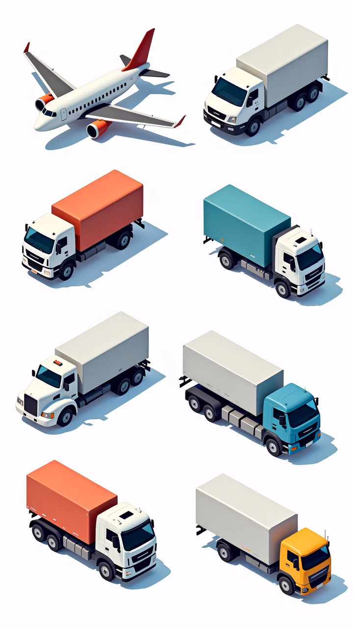 Minimalist low poly illustration of trucks and an airplane.