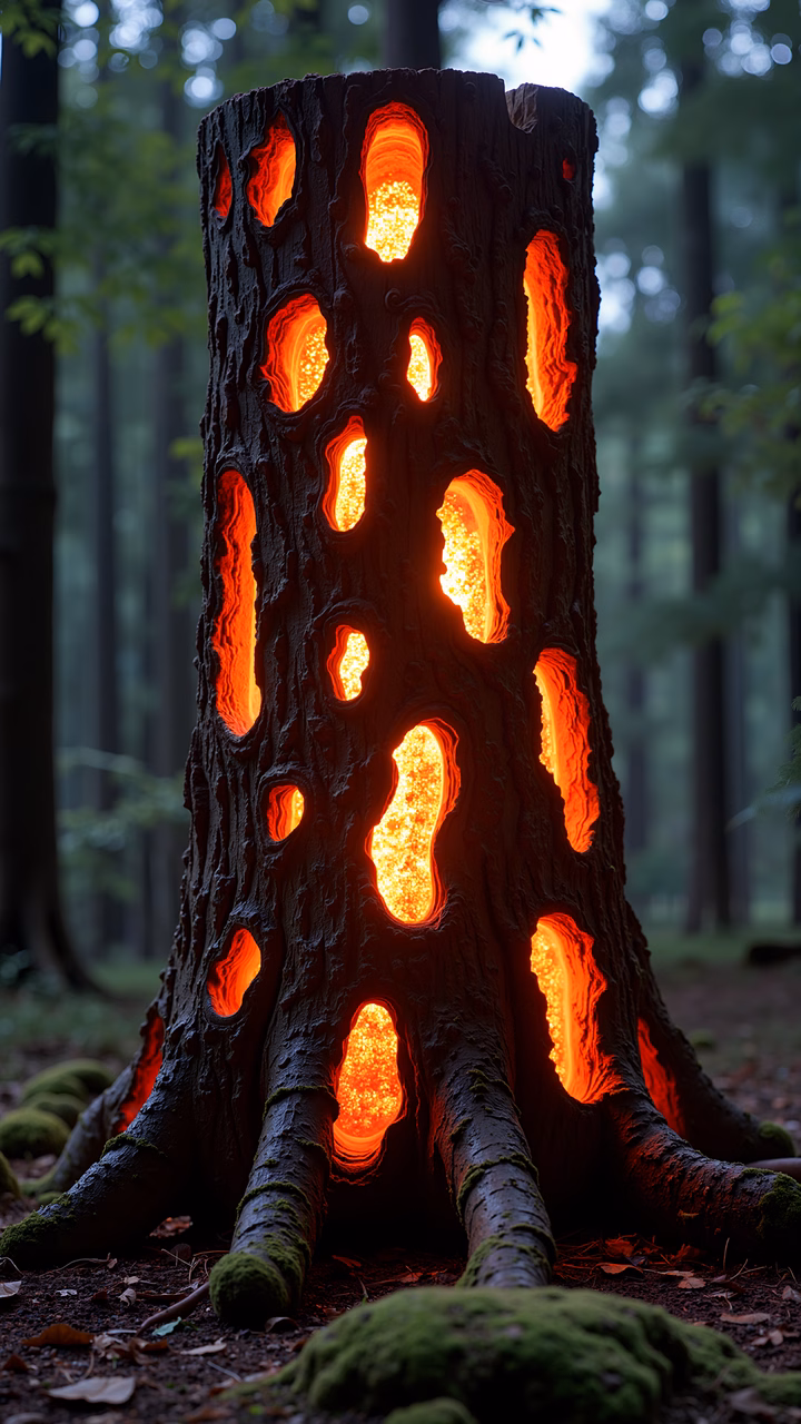 Enchanted tree trunk with glowing holes in a serene forest setting.