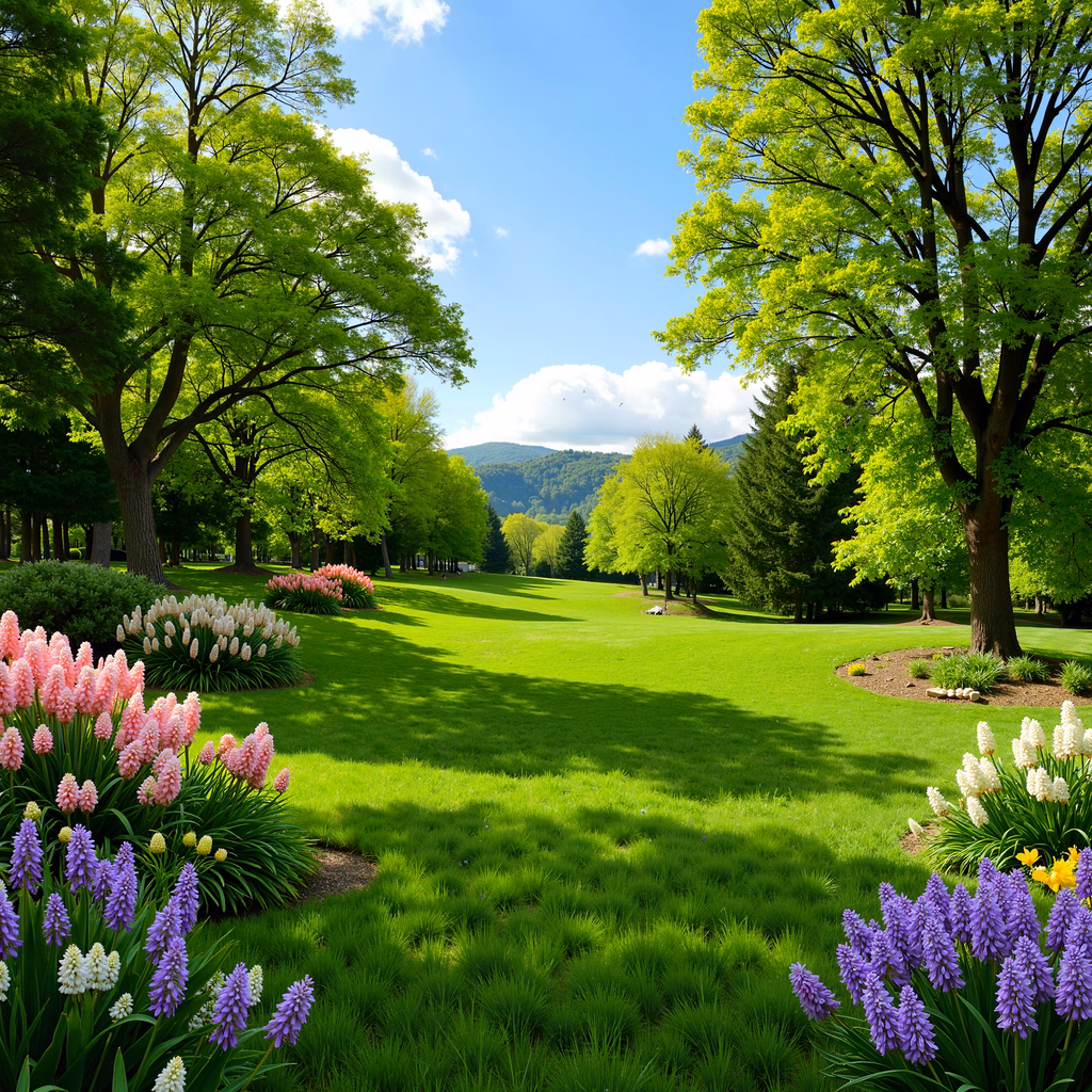 Brightly lit park with colorful flowers and verdant trees.
