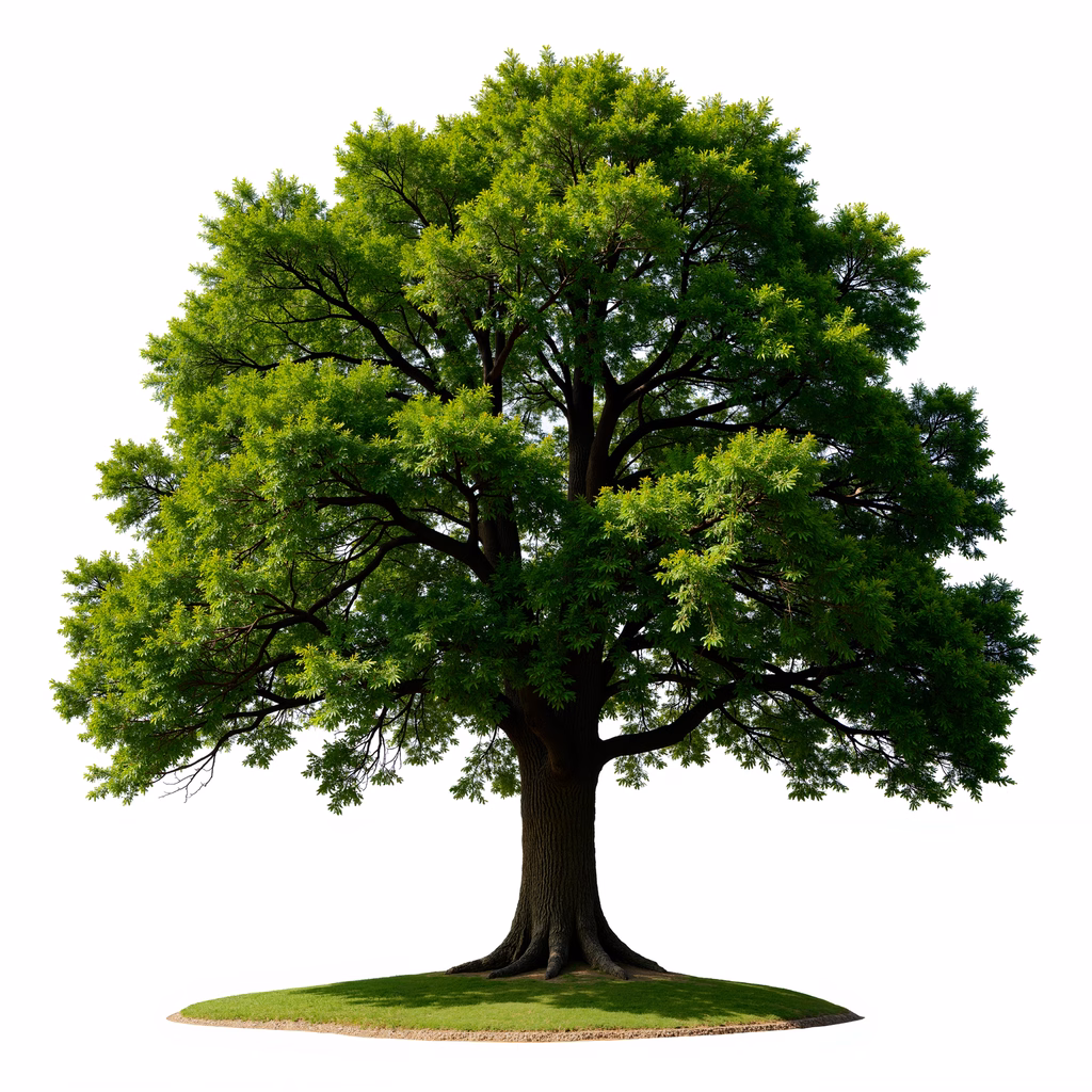 Vibrant green tree illustration with detailed leaves and thick trunk.