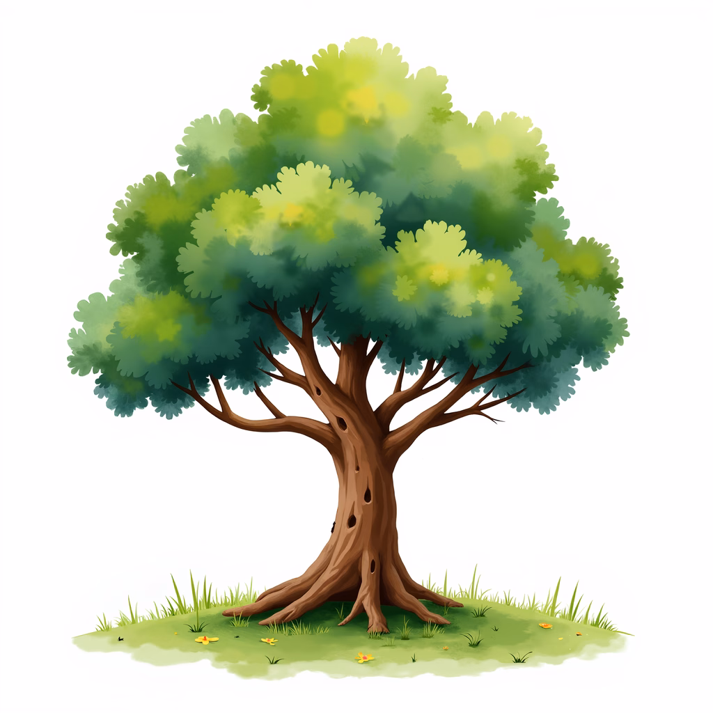 Cartoon-style illustration of a lush green tree with vibrant foliage and a sturdy trunk, surrounded by grass and flowers.