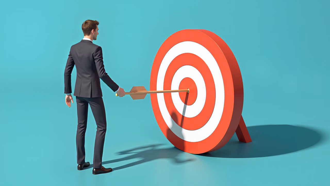 A businessman pushing a dartboard with a dart, symbolizing precision and goal achievement.