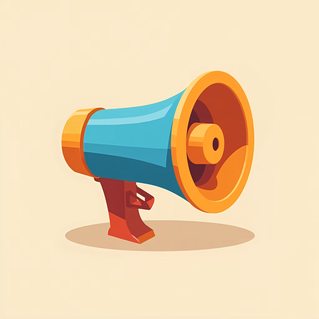 Bold megaphone illustration with a playful color palette and dynamic form.