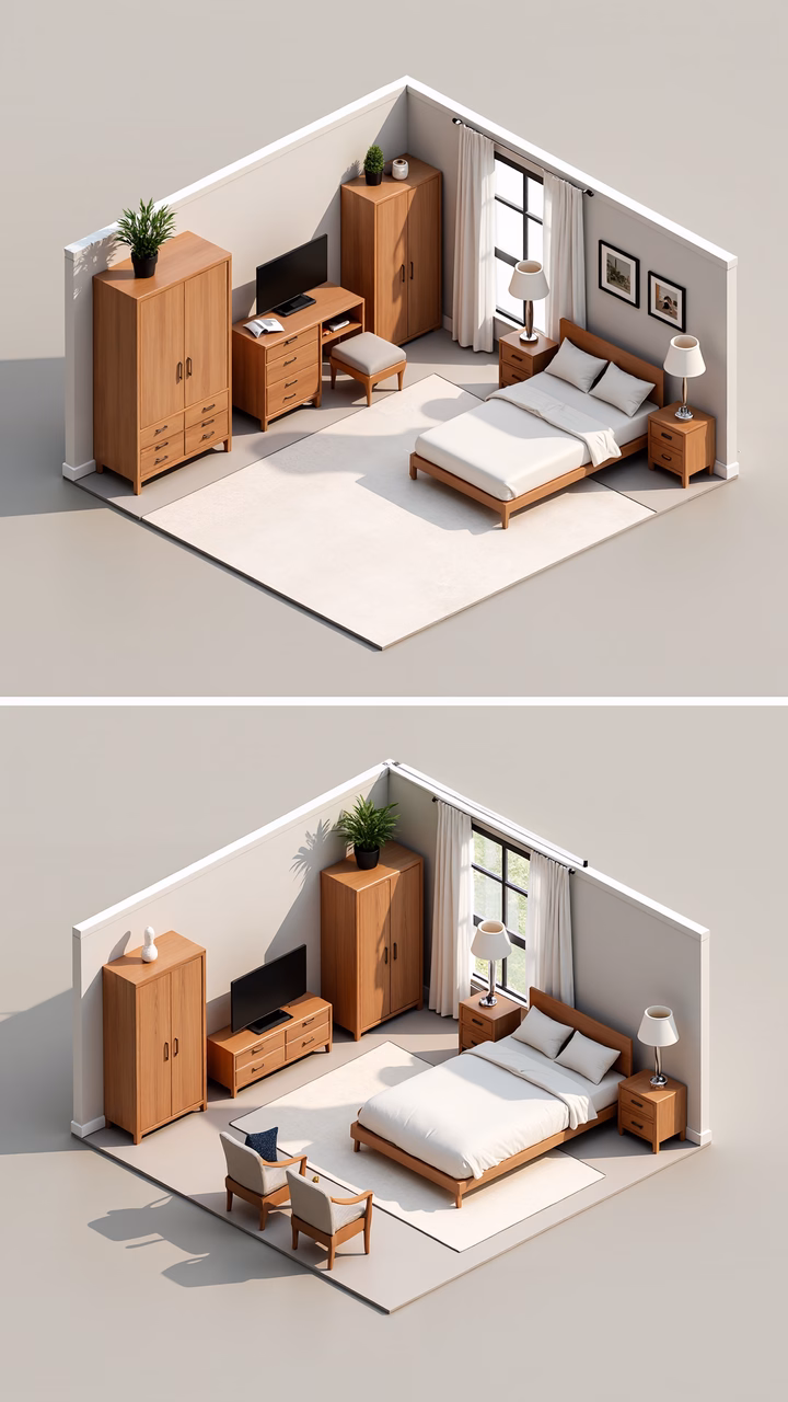 Modern minimalist bedroom with wooden furniture and neutral tones.