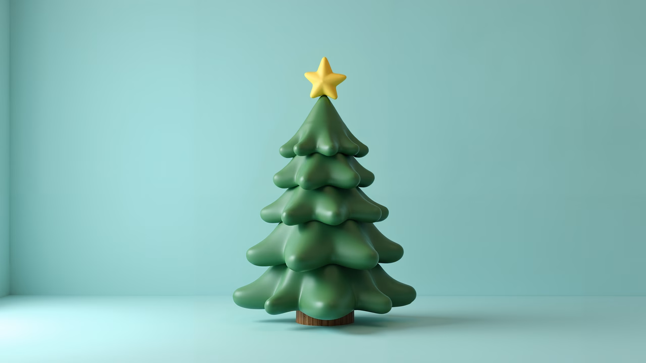A minimalist Christmas tree with a golden star, set against a teal background.