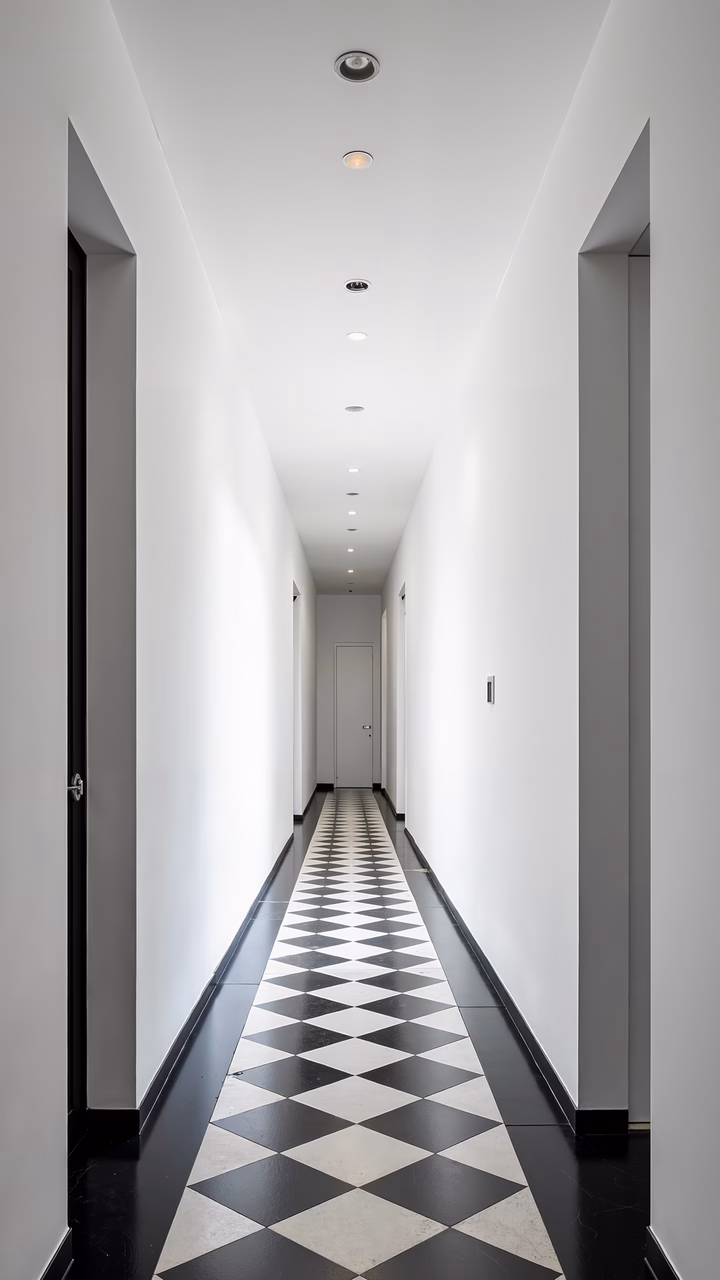 A sleek, monochrome hallway with geometric flooring and recessed lighting.