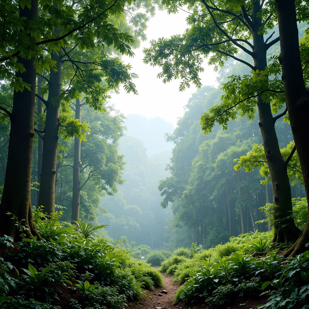A tranquil forest path surrounded by mist and lush greenery.