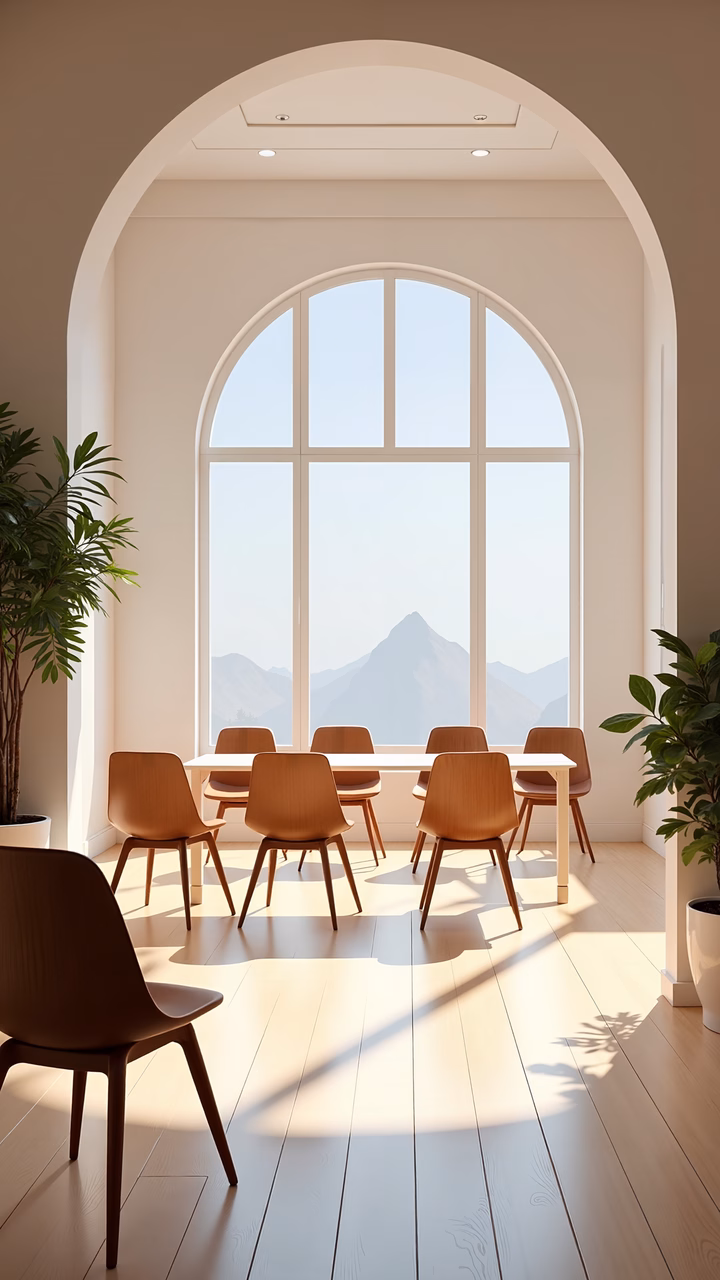 Modern minimalist dining room with natural light and mountain view.