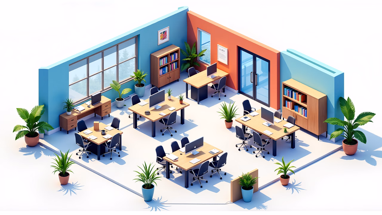 A stylish and functional modern office design with a balanced color scheme and greenery.