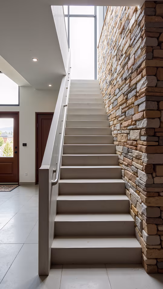 Modern Staircase with Stone Wall