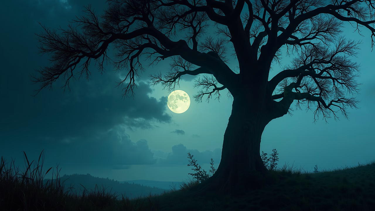 A solitary tree under a full moon, evoking mystery and tranquility.