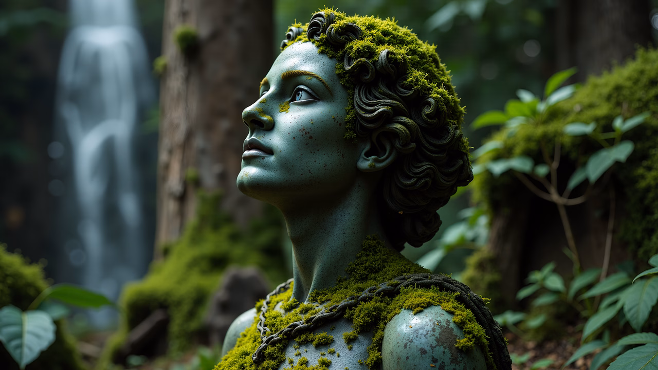 A moss-covered statue in a tranquil forest setting, blending nature and artistry.