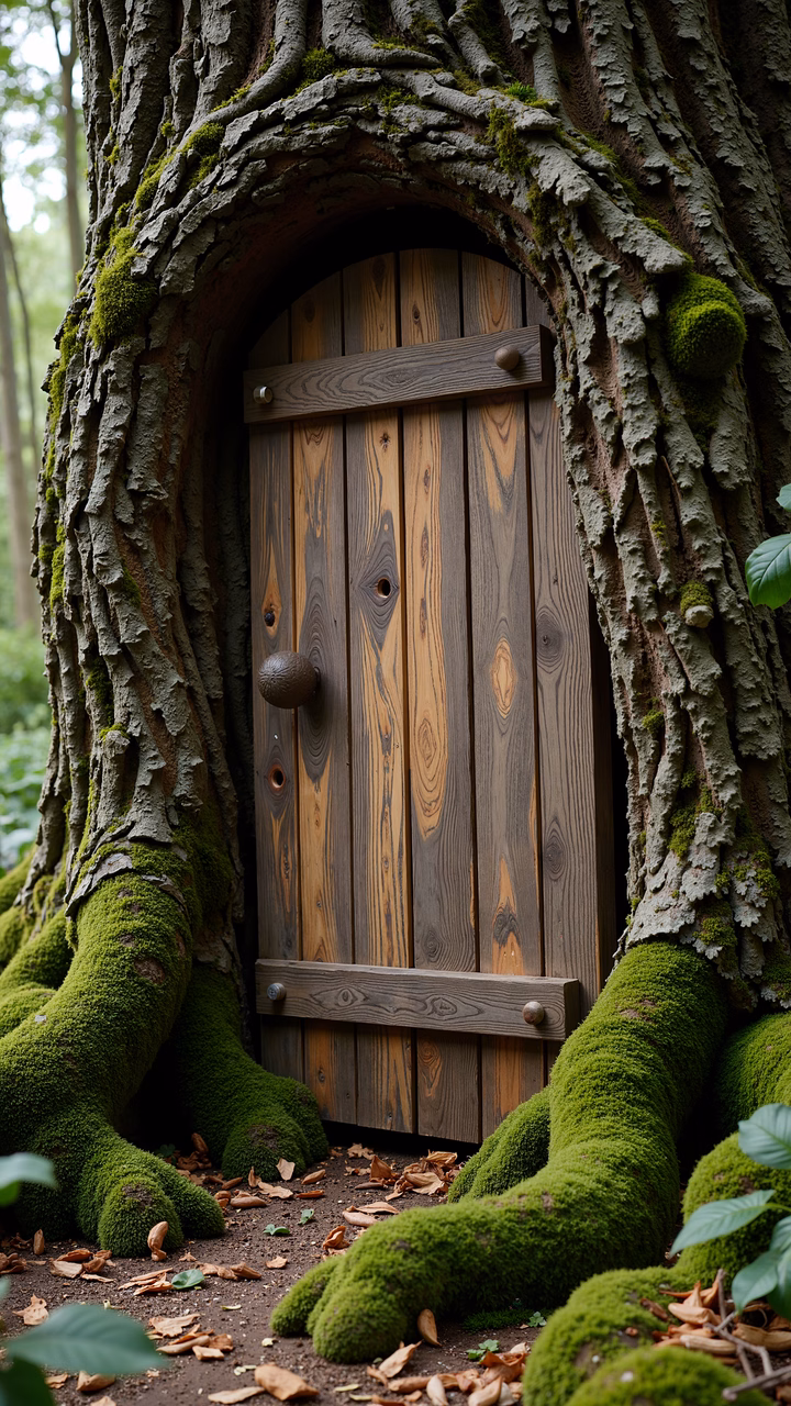 Rustic wooden door hidden in a mossy tree trunk, surrounded by nature.