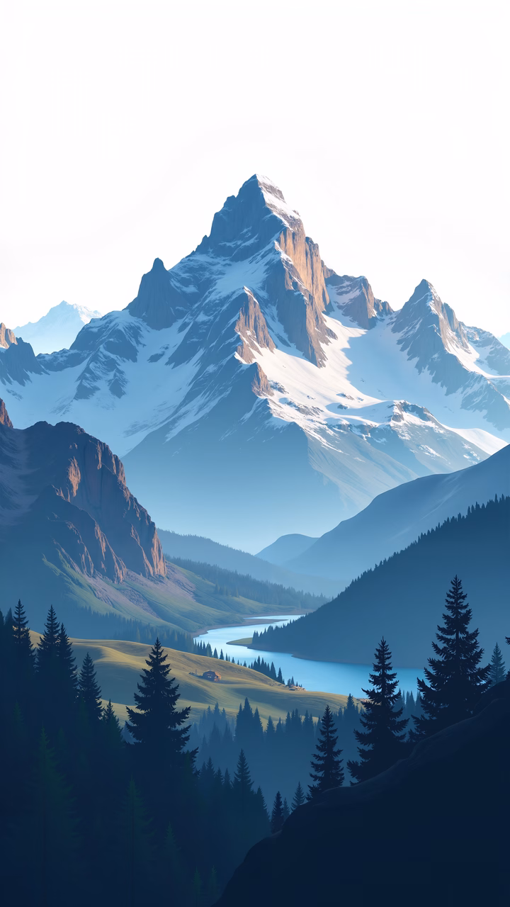 A peaceful mountain landscape with snow-capped peaks and dense forests.