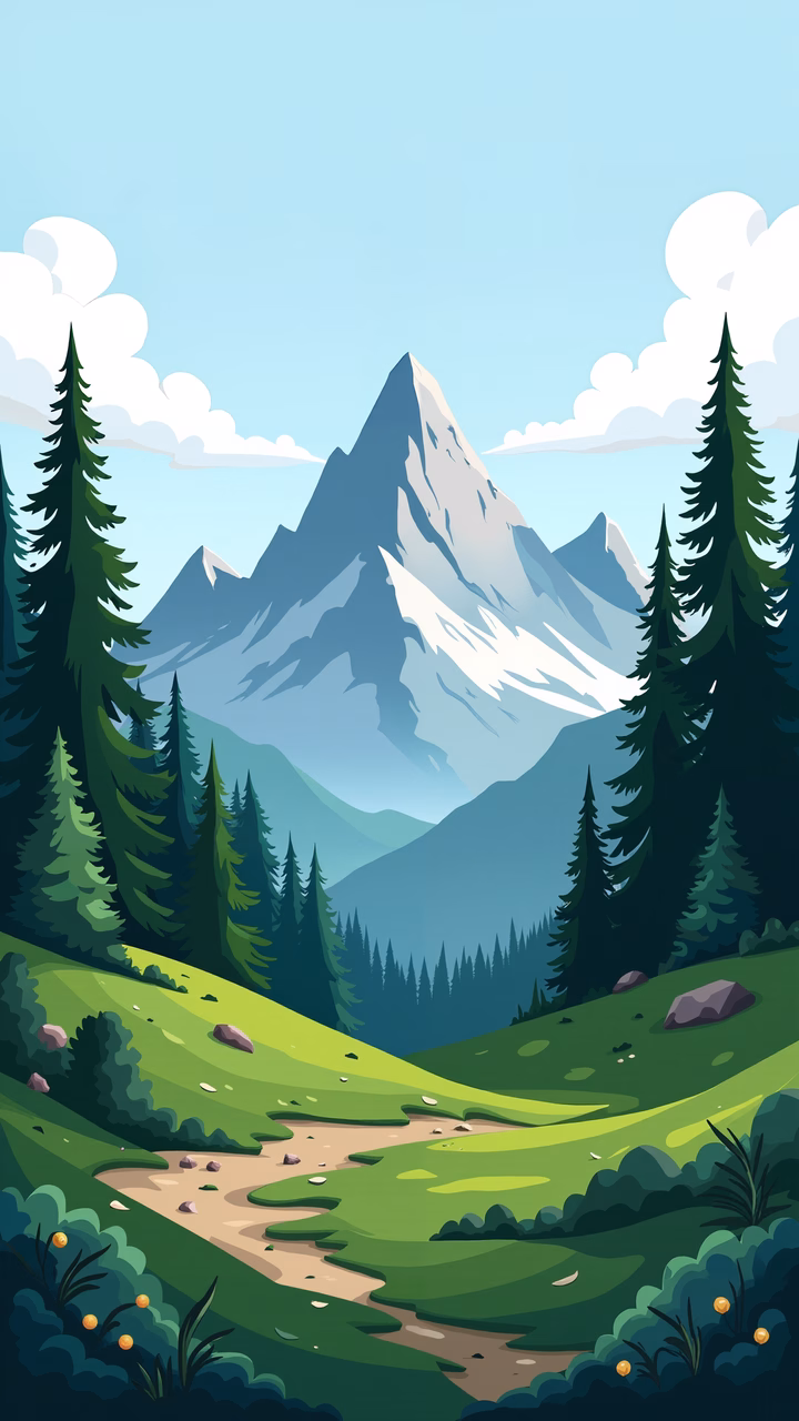A tranquil mountain landscape with lush greenery and snow-capped peaks.