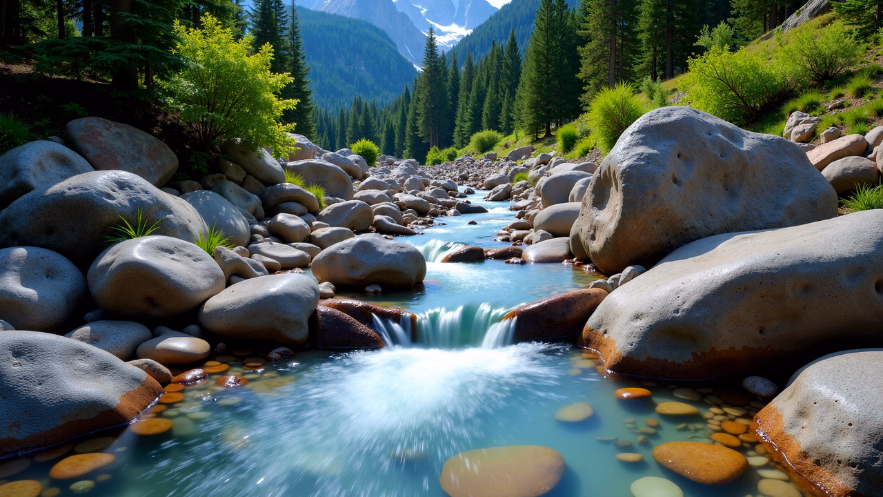 A tranquil mountain stream surrounded by vibrant greenery and earthy rocks, illustrating nature's serenity.