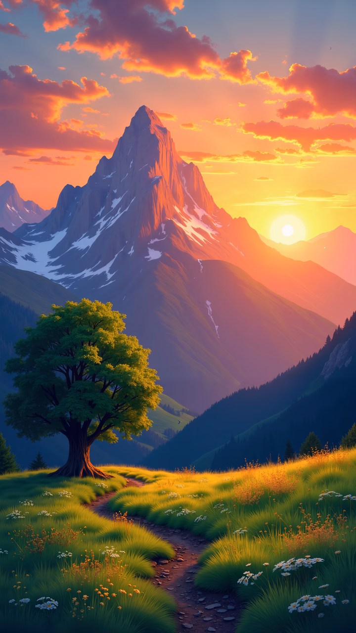 A tranquil mountain scene at sunset, featuring a lone tree and vibrant colors.