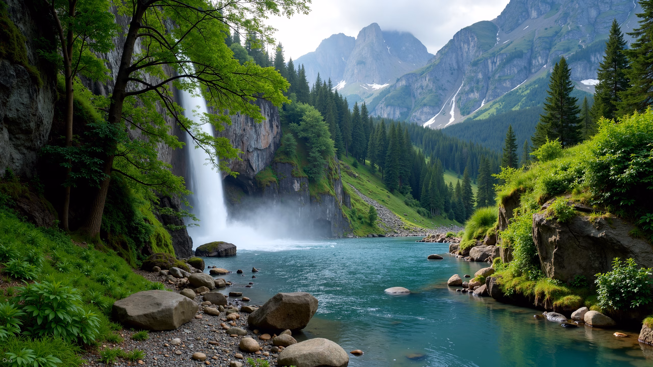 Epic mountain waterfall in a tranquil nature setting