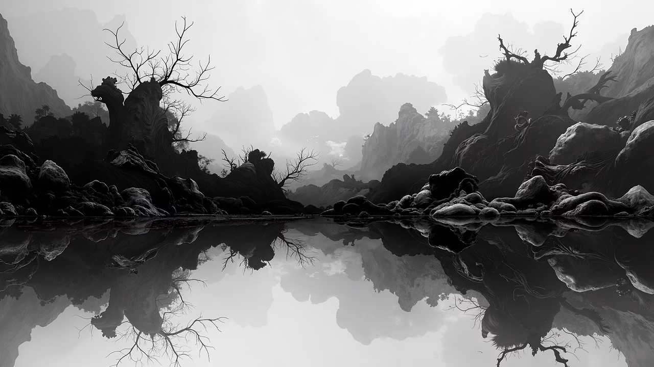 Twisted trees and jagged mountains reflected in still water create a hauntingly beautiful landscape.