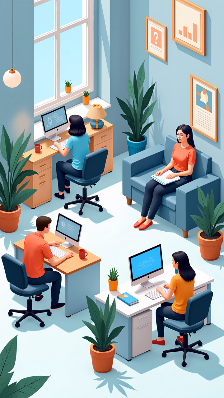 A lively and productive office scene with four individuals working in a modern setting.