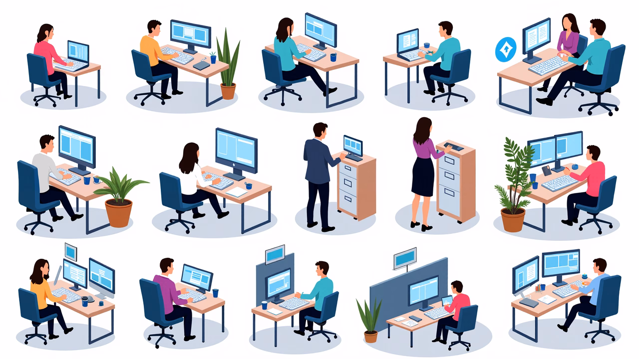 Brightly colored office workers engaged in work activities.