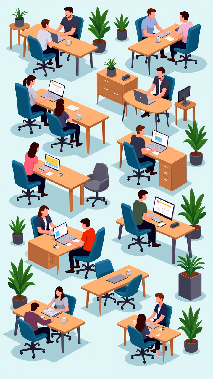 Vibrant office illustration showcasing teamwork and productivity.