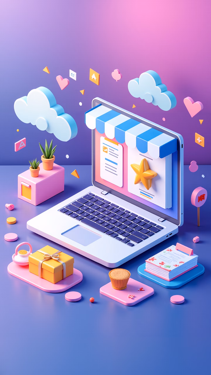 A cheerful online shopping illustration with pastel colors and playful elements.