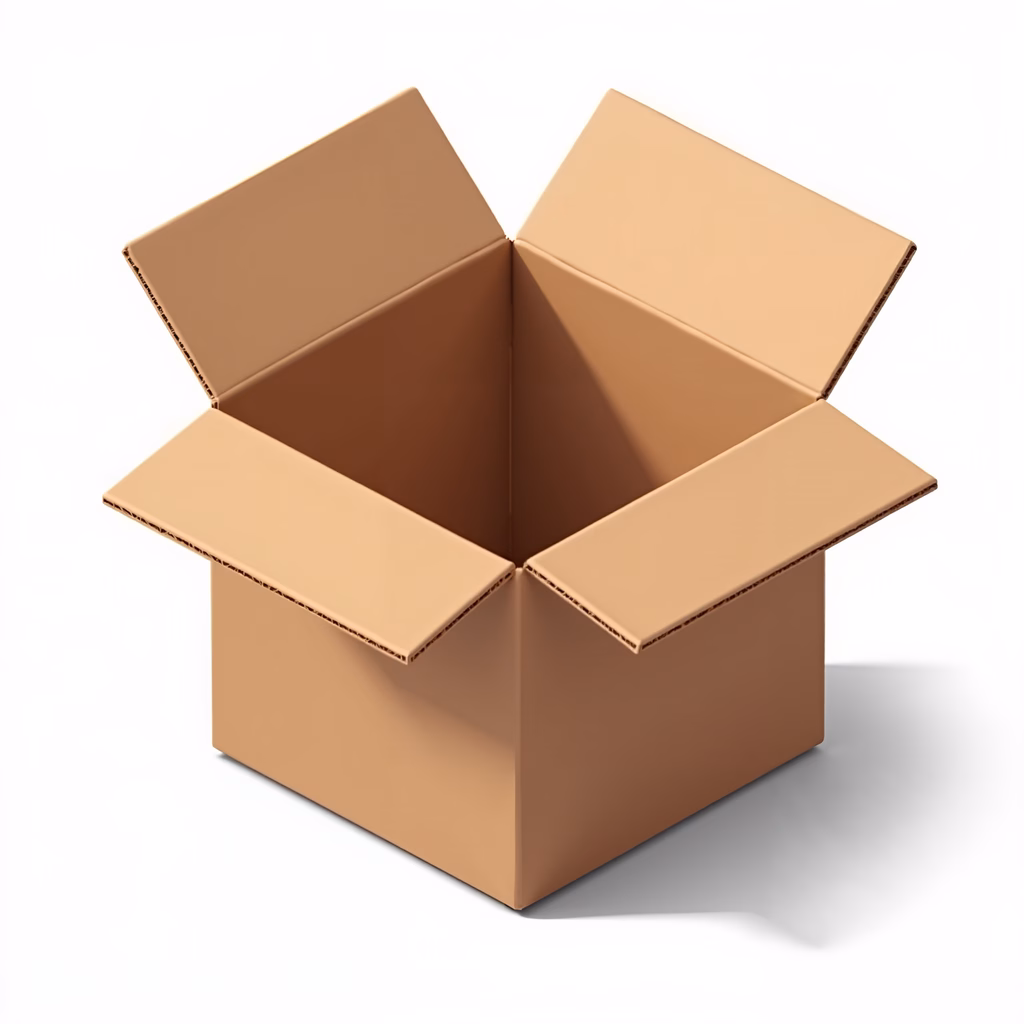 Minimalistic illustration of an open cardboard box in muted brown tones.
