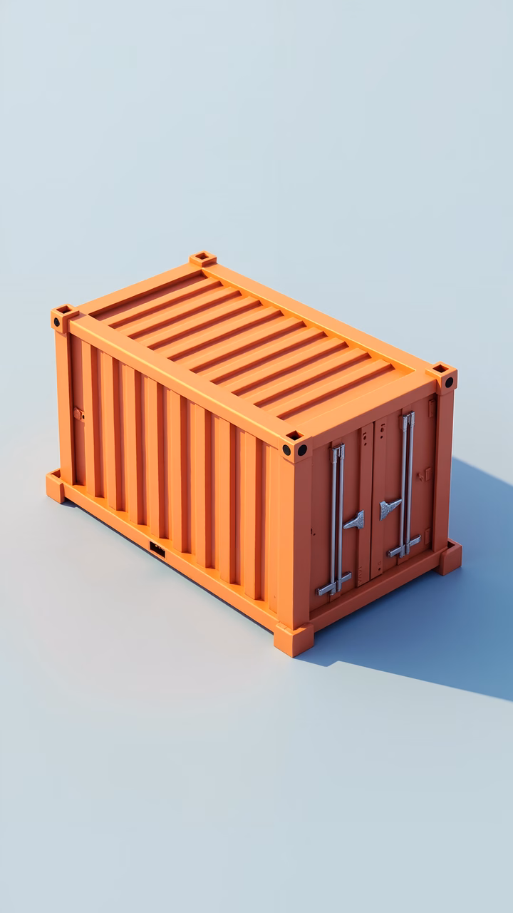 Bright orange shipping container on a cool blue background, minimalist design, industrial art