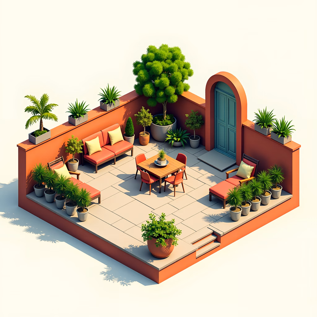 A charming outdoor terrace with red furniture and lush greenery.
