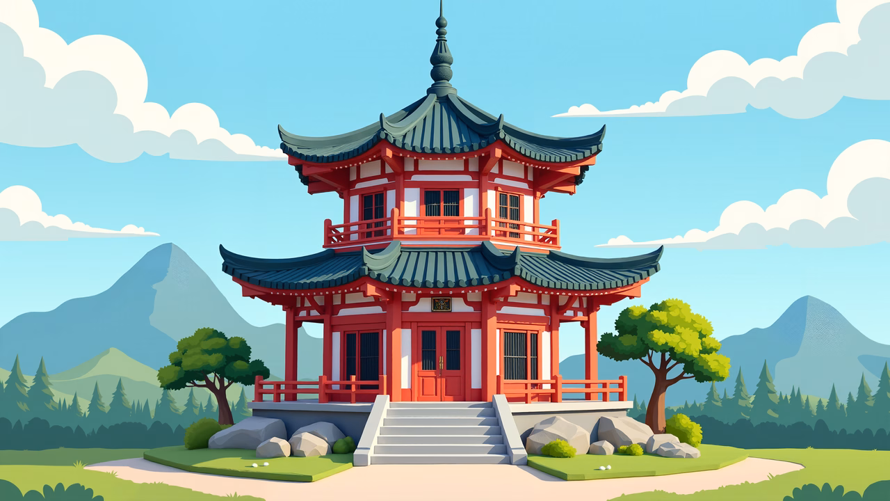 A colorful illustration of a pagoda amidst a peaceful landscape.