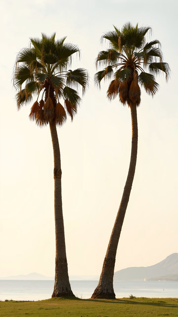 Silhouetted palm trees against a colorful sunset sky, evoking peace and tranquility.