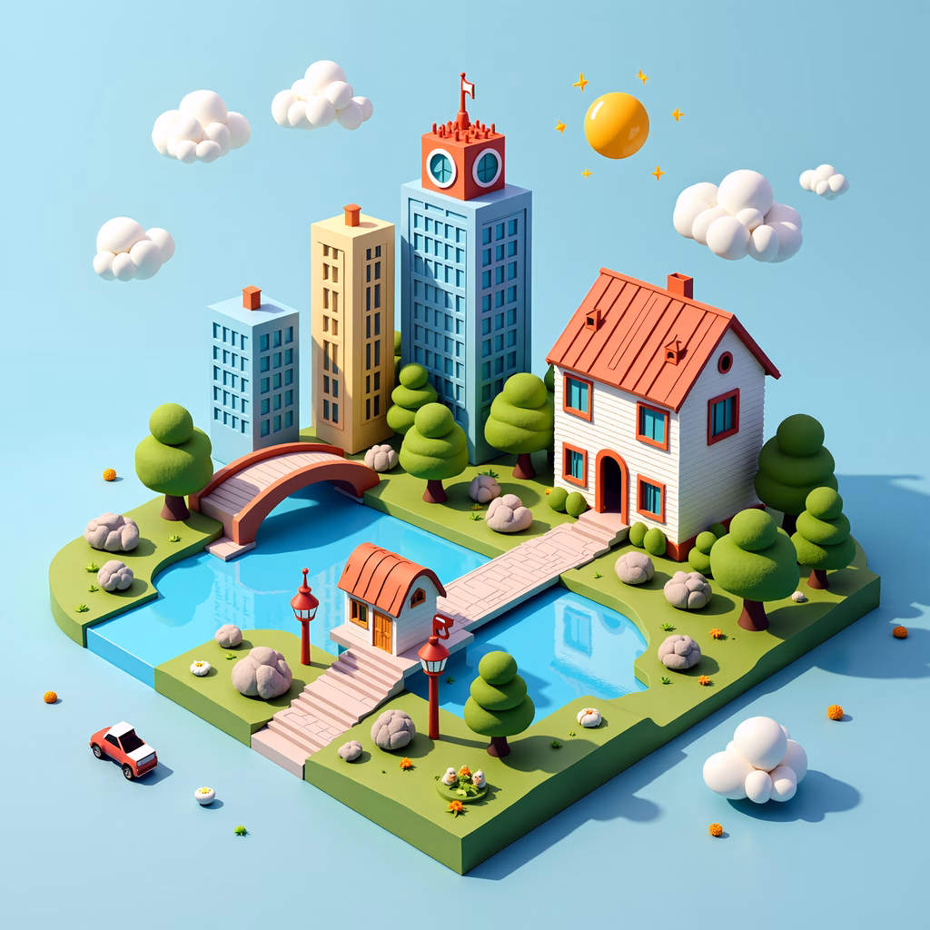A colorful, playful cityscape with pastel tones and whimsical details.