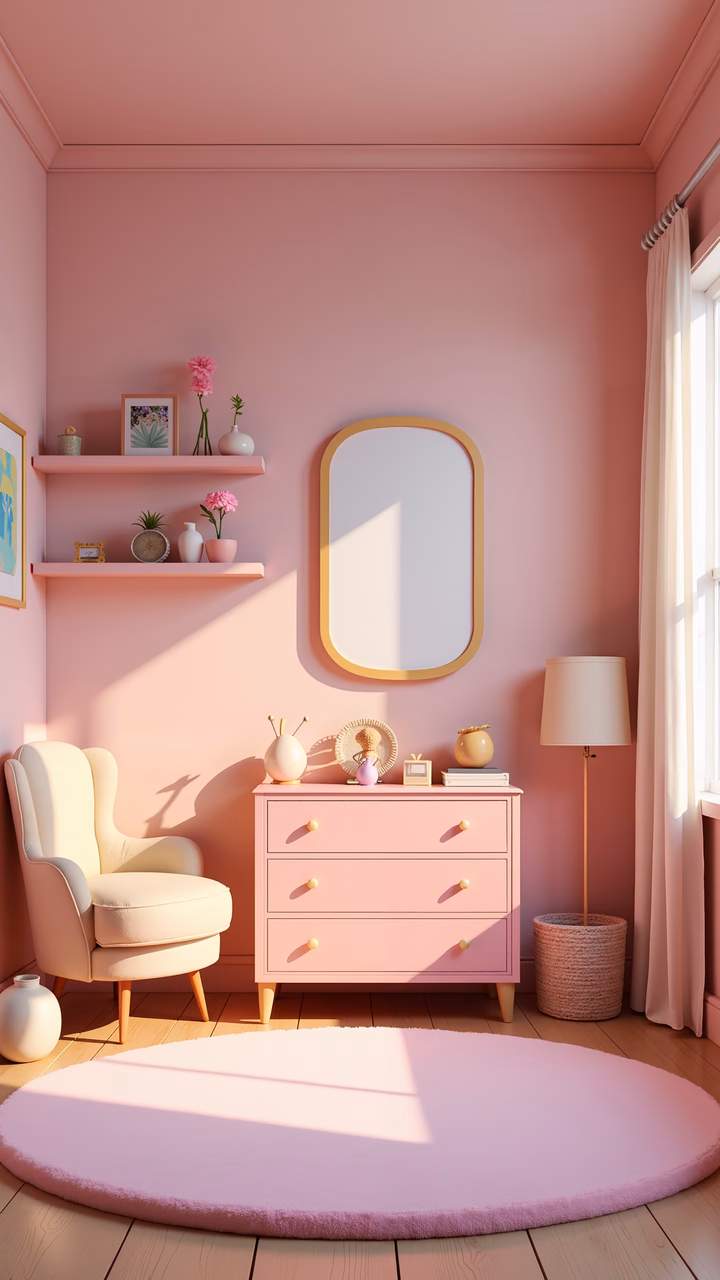 Soft pastel pink interior with cozy and warm tones.